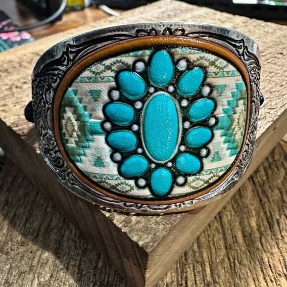 Western Aztec Turquoise Concho Leather Tie Cuff Bracelet - Picture 1 of 8